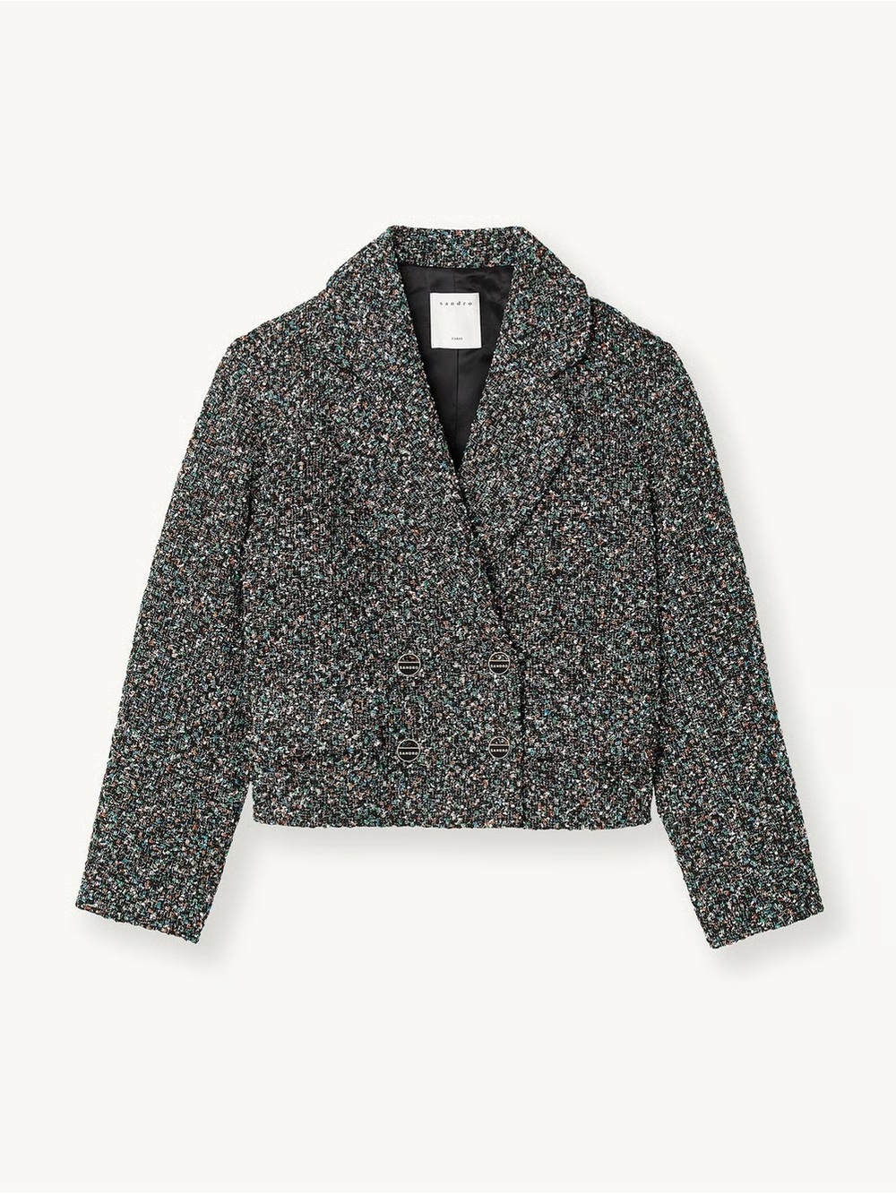 Sandro Black Multi Tweed Cropped Double-Breasted Jacket